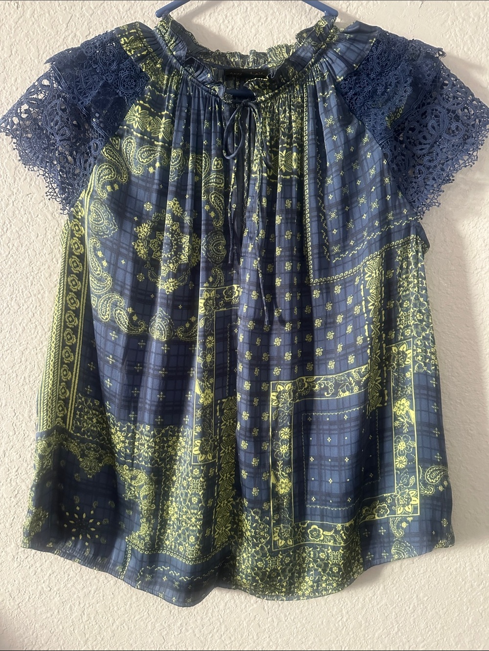 Current Air Navy and Lime Paisley Tie-Front Peasant Blouse